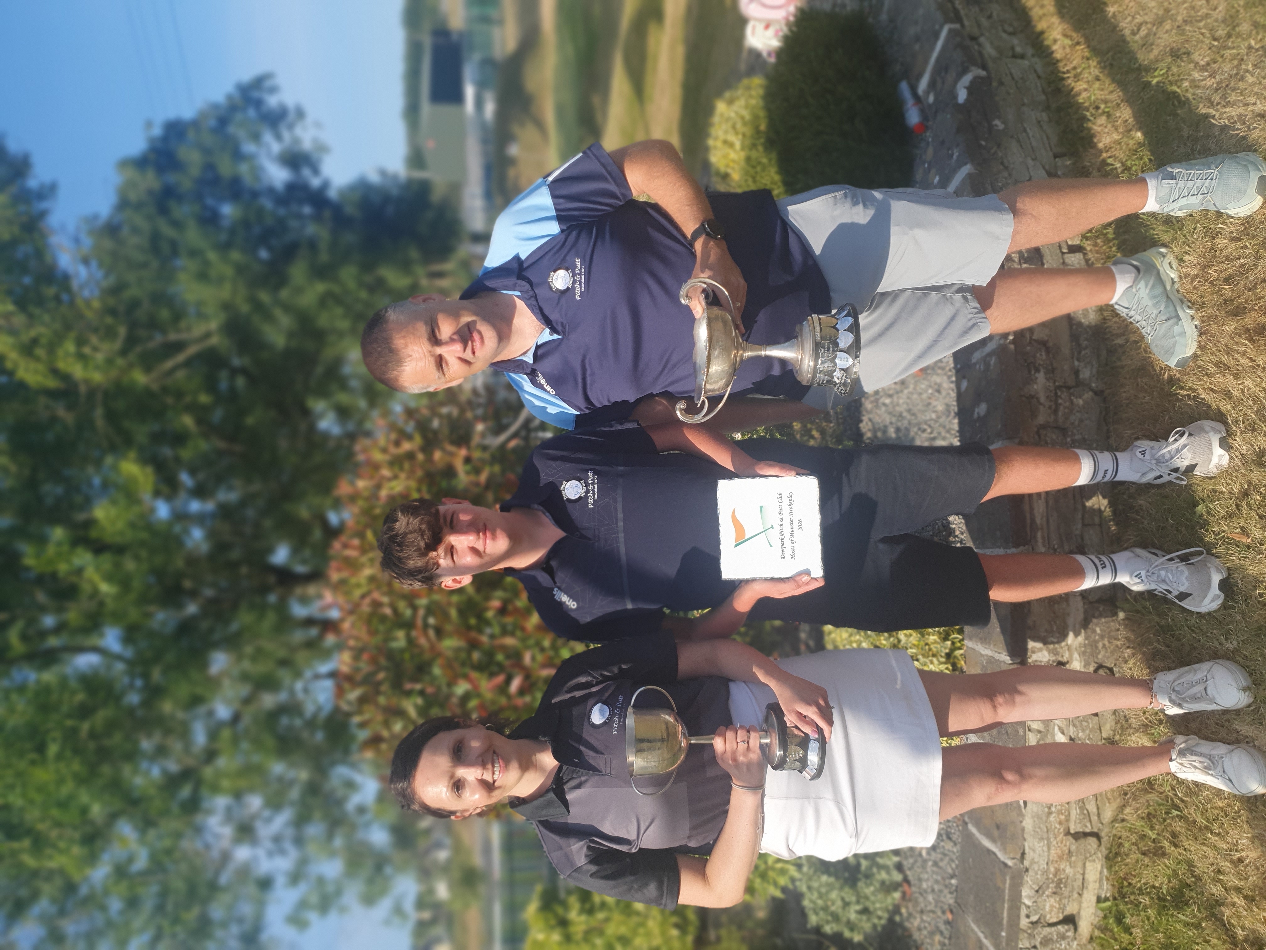 Deerpark Pitch & Putt Club Members Damien Fleming (right, Senior Mens Winner) and Ciara Lowe (left, Intermediate Ladies winner) pictured with U16 Captain Ben O'Sullivan (centre) after their wins in the Munster Strokeplay Championships on home turf last Sunday.