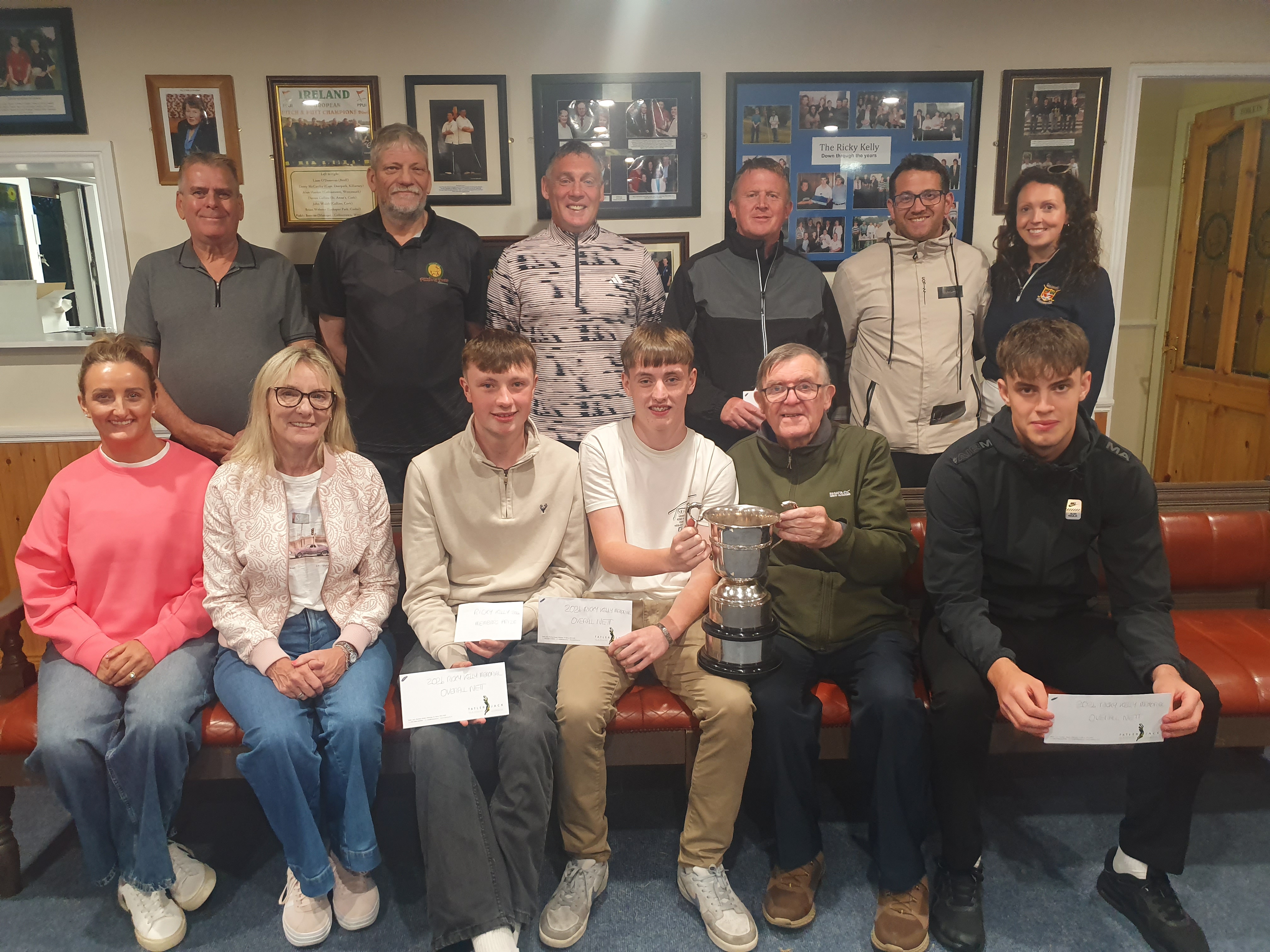 Sean Kelly presenting the Ricky Kelly Memorial Cup to winning team captain Sean O'Mahoney at Deerpark Pitch & Putt Club last Sunday night. Also included in photo- Front: L to R: Sinead Burke, Frances O'Sullivan (Tatler Jack Bar, Sponsors), Nathan Cronin and Luke Doolan. Back L to R: Steve Battle, Gearóíd Cronin, James Fleming, Niall O'Loughlin, Jamie and Ciara Lowe.